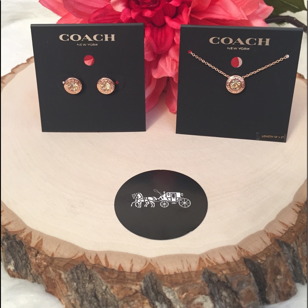 COACH Open Circle Stone Strand earrings & necklace ROSE GOLD COLOR
